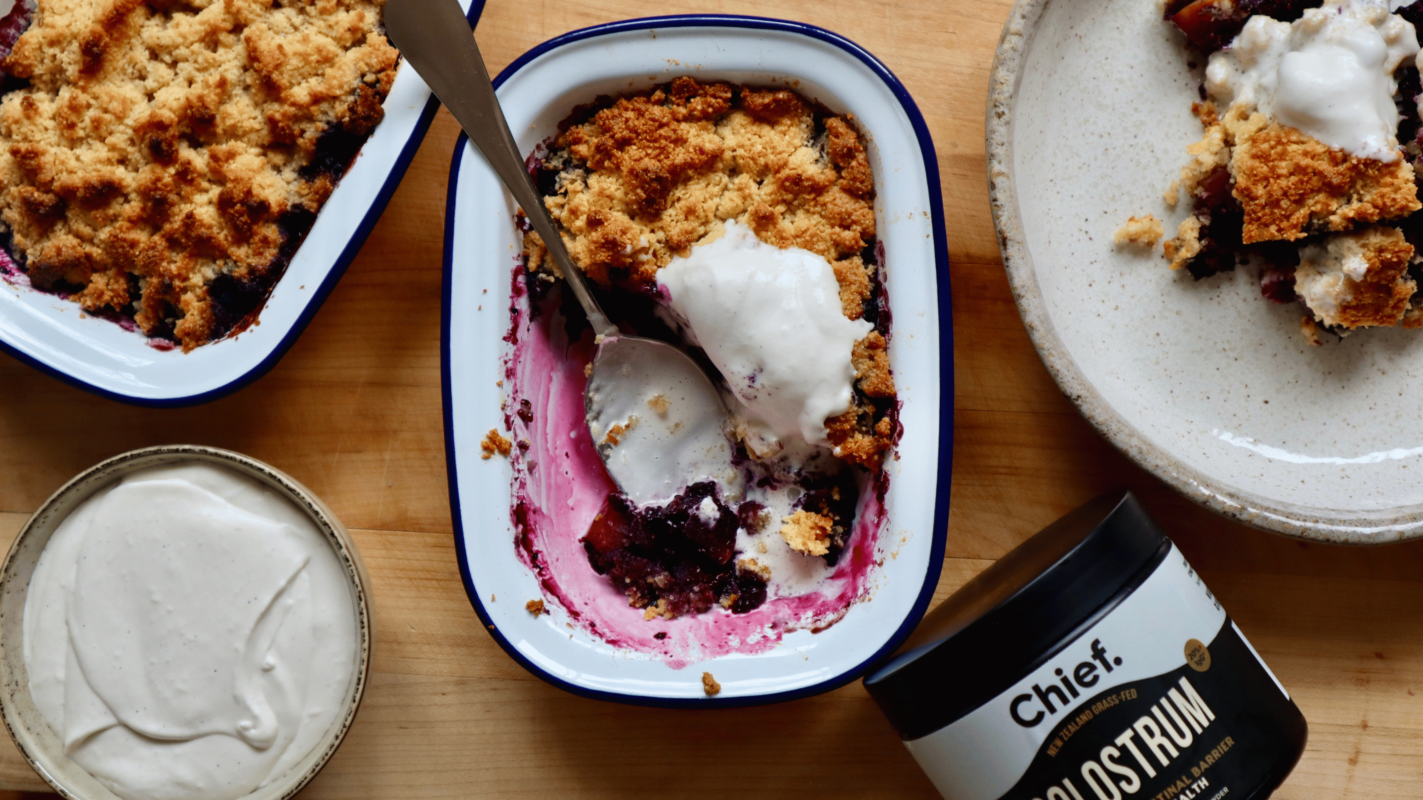 Apple & Wild Blueberry Crumble with Whipped Colostrum Coconut Cream 