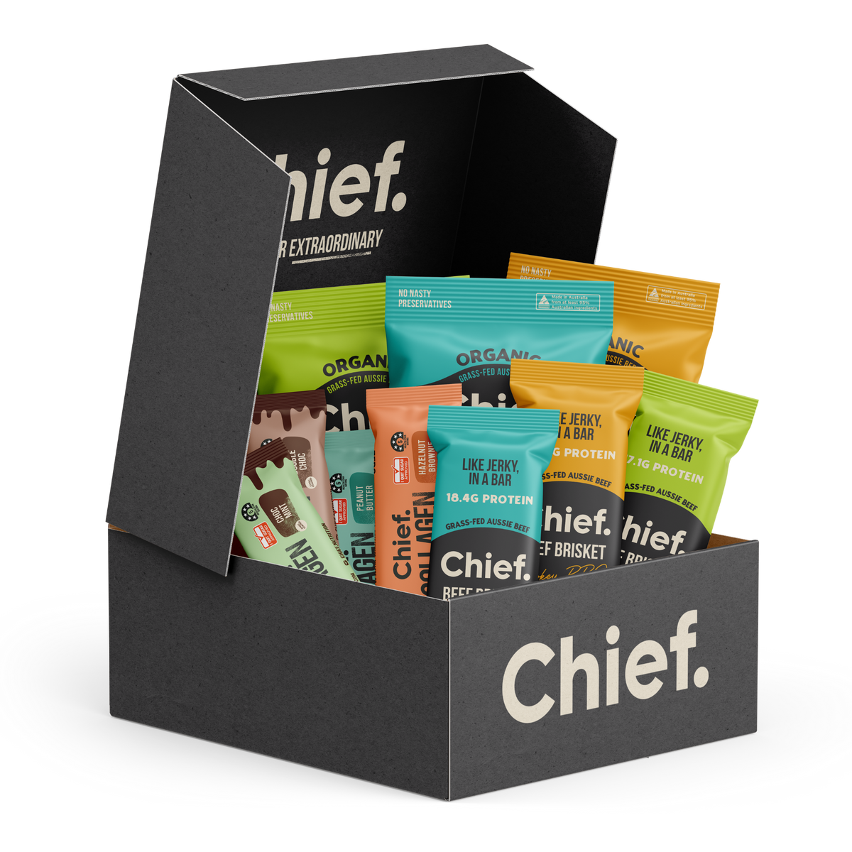 The Chief Best Sellers Starter Pack box filled with beef brisket bars, biltong and collagen protein bars