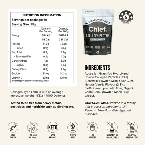 Grass-fed Collagen Protein Powder - Creamy Vanilla (30 serves) Chief Nutrition