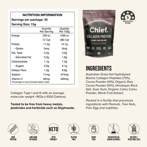 Grass-fed Collagen Protein Powder - Dark Chocolate (30 serves) Chief Nutrition