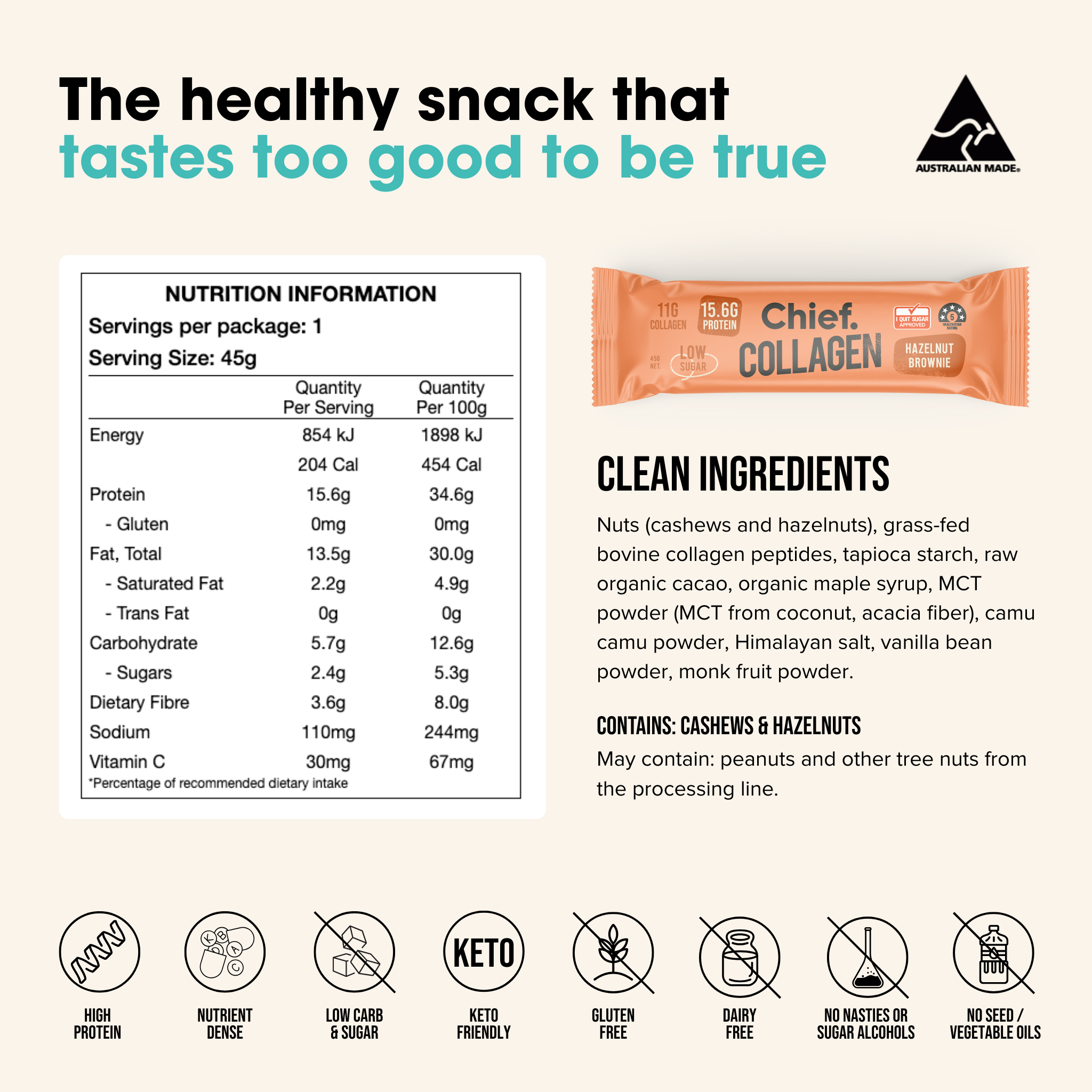 Collagen Protein Hazelnut Brownie Bar (12 bars) Chief Nutrition
