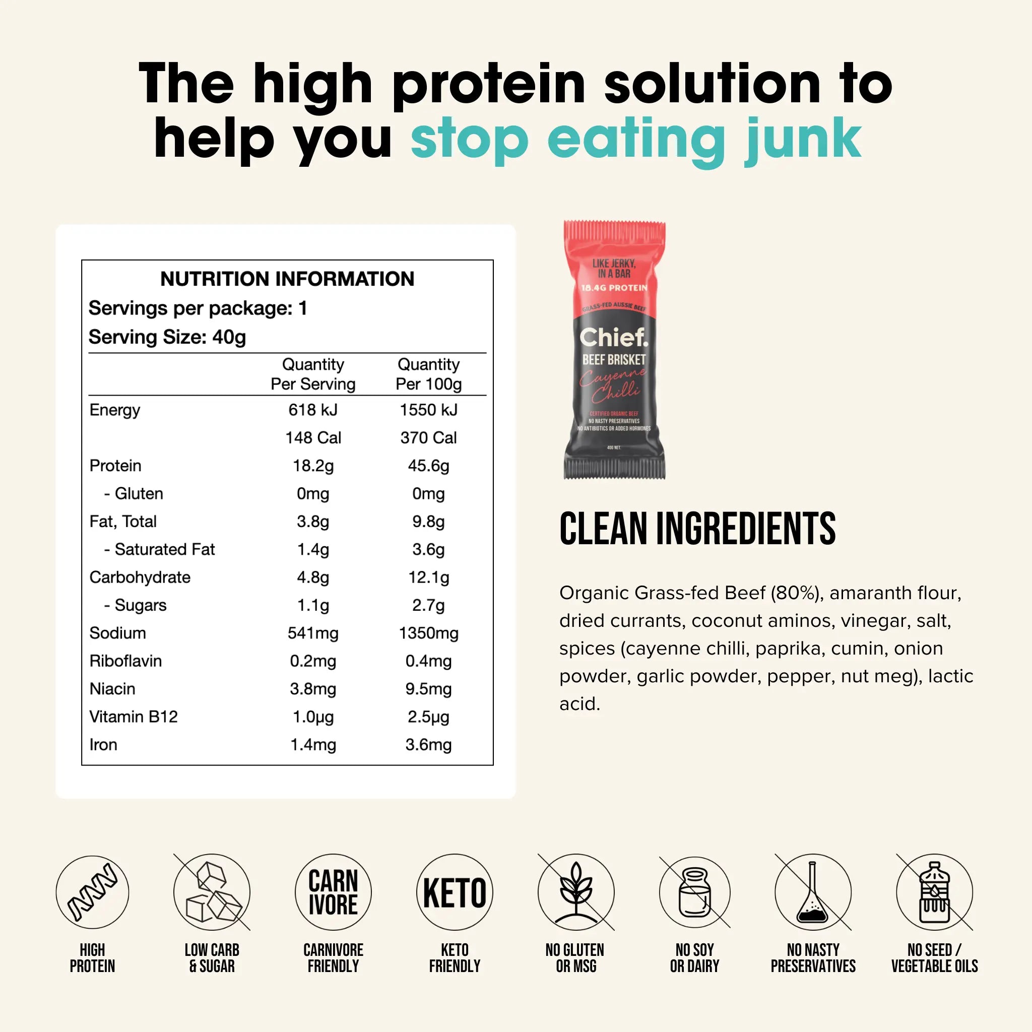 Organic Beef Bars - Cayenne Chilli (12 bars) Chief Nutrition