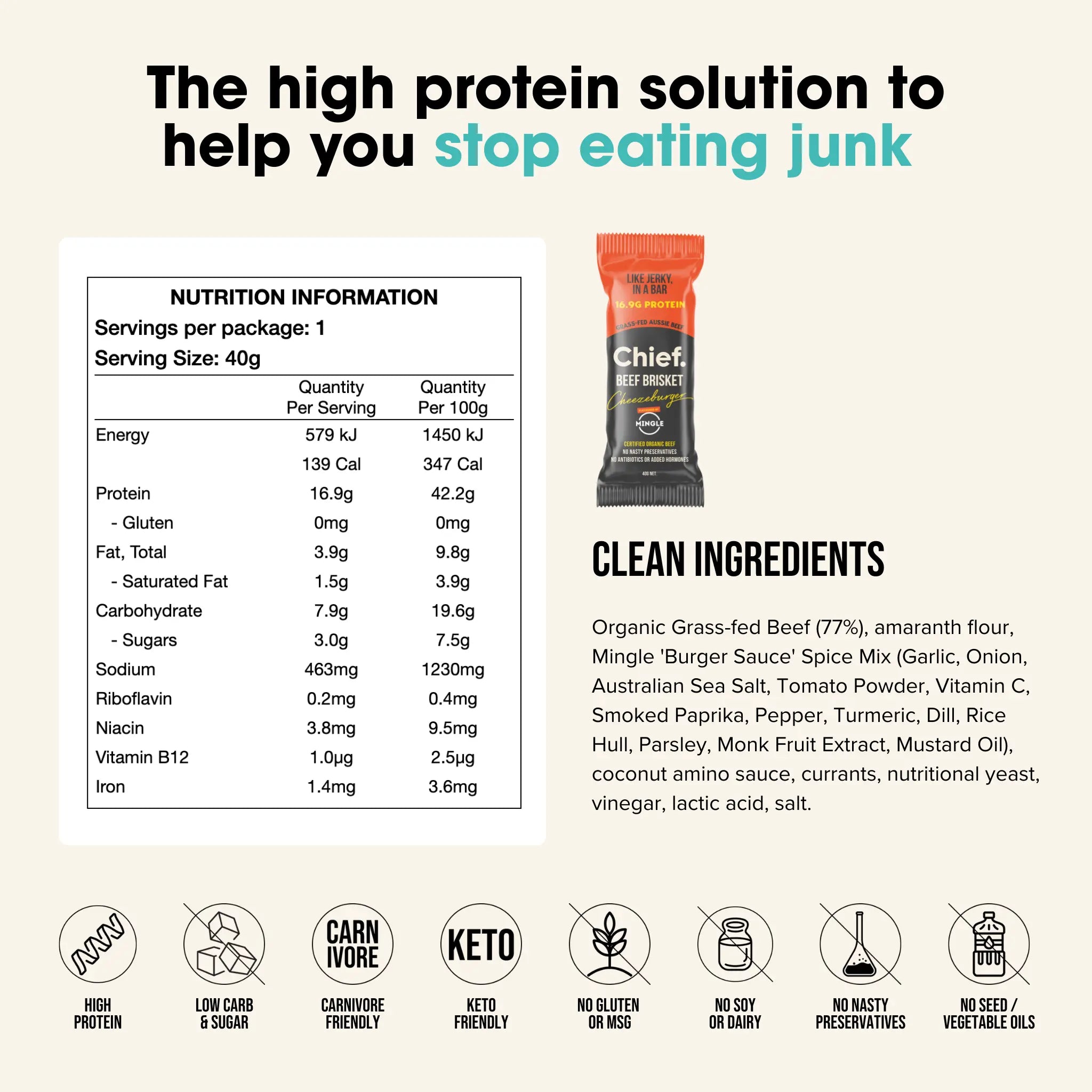 Organic Beef Bars - Cheezeburger (12 bars) *LIMITED EDITION* Chief Nutrition