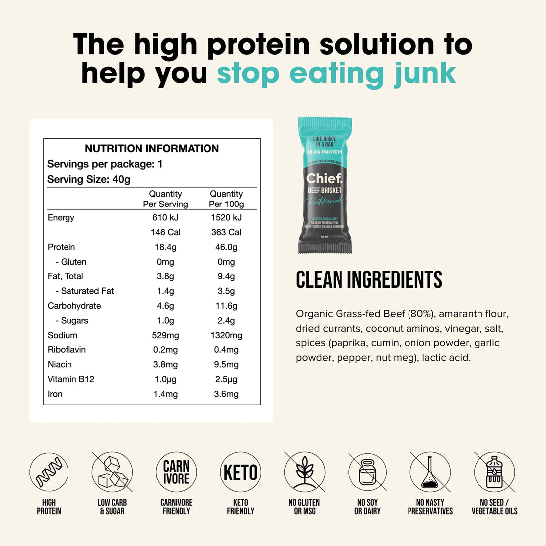 Chief Beef Brisket Bar nutrition panel and ingredients - first ingredient organic grass-fed beef (80%)