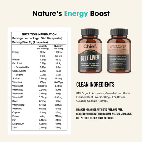 Organic Beef Liver Energy Boost (120 Capsules) Chief Nutrition