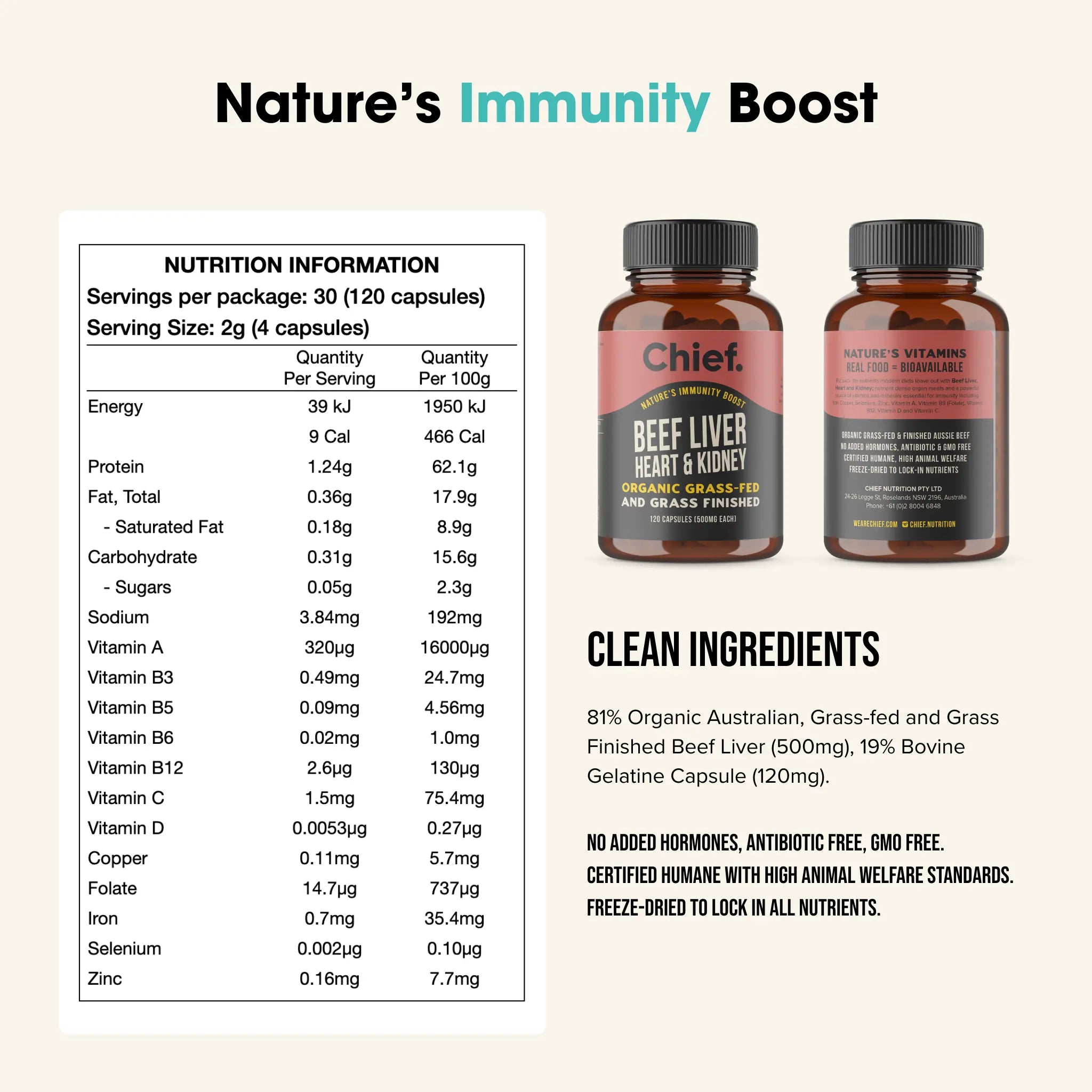 Organic Beef Liver, Heart & Kidney Immunity Boost (120 Capsules) Chief Nutrition