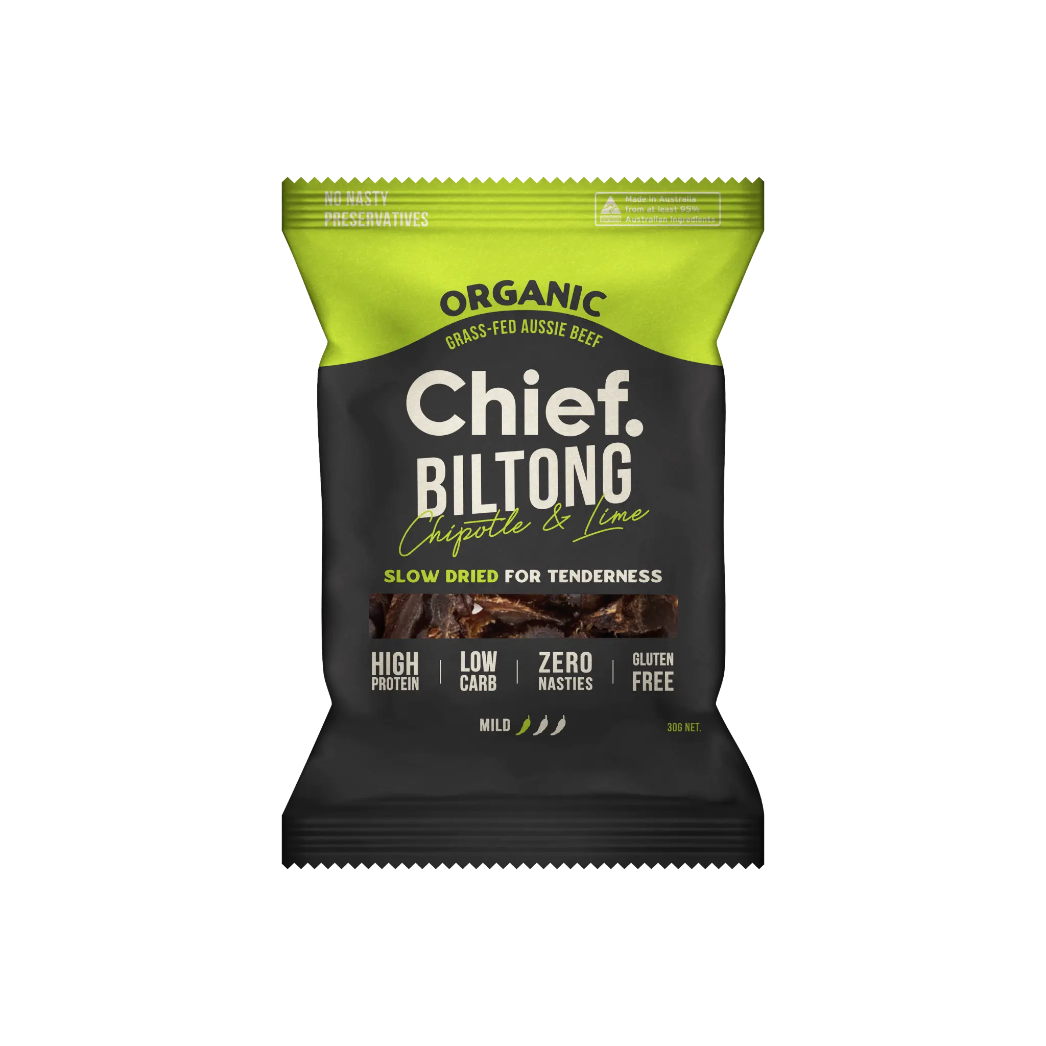 Organic Biltong - Chipotle & Lime (12 x 30g bags) Biltong Chief Nutrition