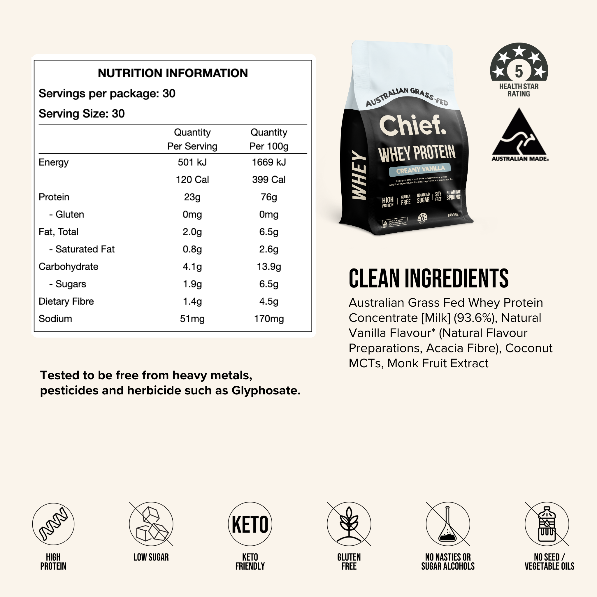 Grass-fed Whey Protein Powder - Creamy Vanilla (30 serves) Chief Nutrition