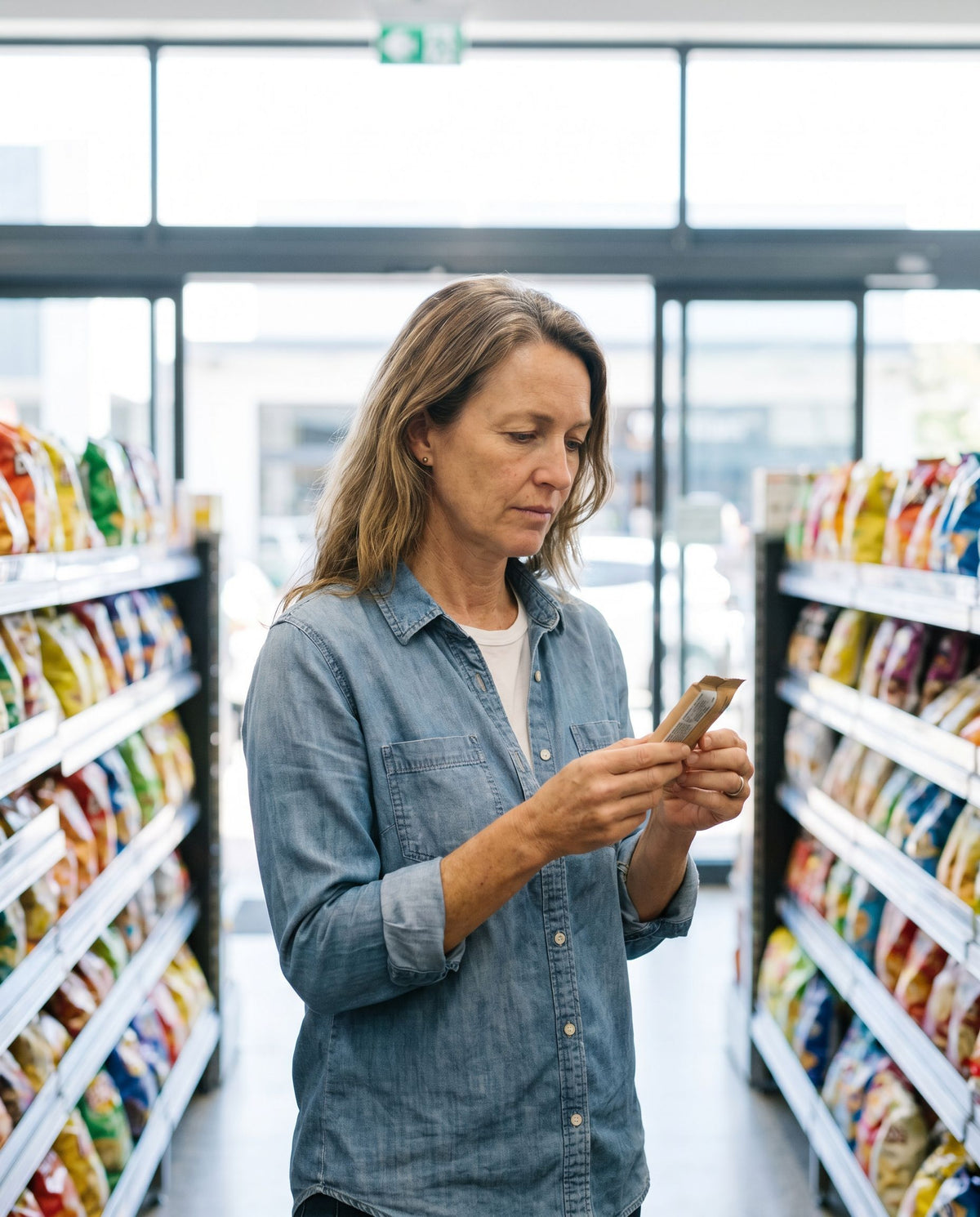 A woman in a bright supermarket aisle turning a protein bar over to read the ingredient label on the back, glass storefront windows behind her