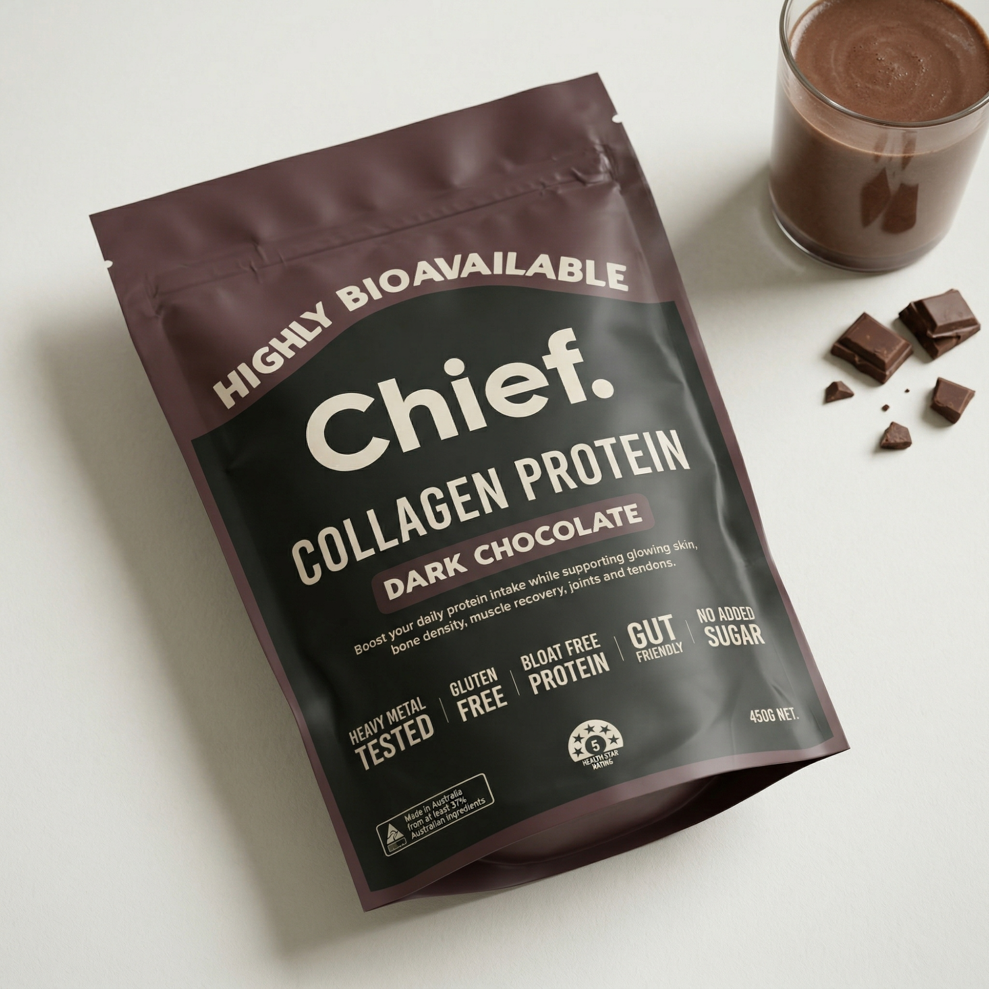 Chief Dark Chocolate Collagen Protein Powder about by Justin Babet